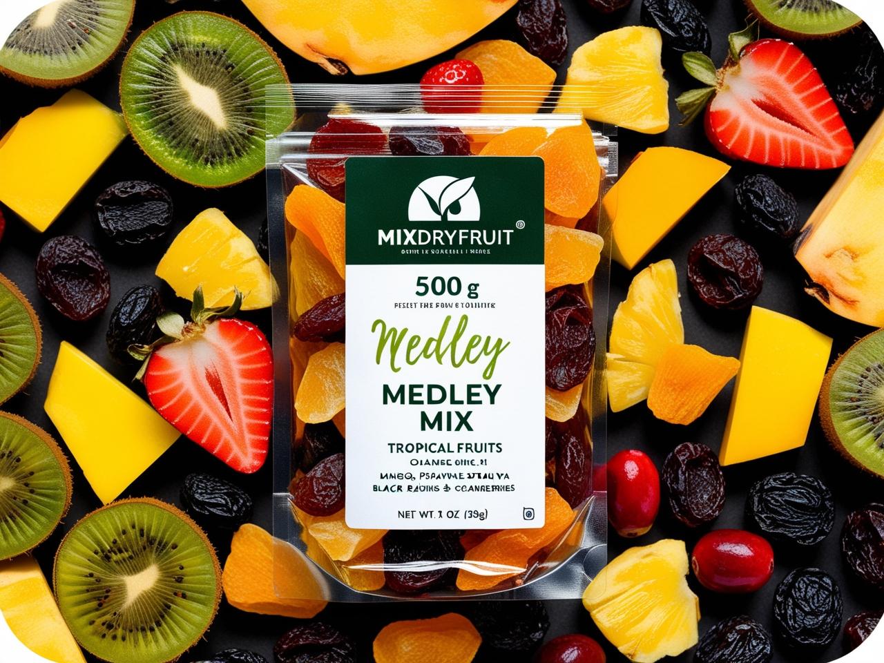 Dried Tropical Fruits Medley Mix 500gm (Kiwi, Mango, Pineapple, Strawberry, Papaya, Black Raisin, Cranberry)