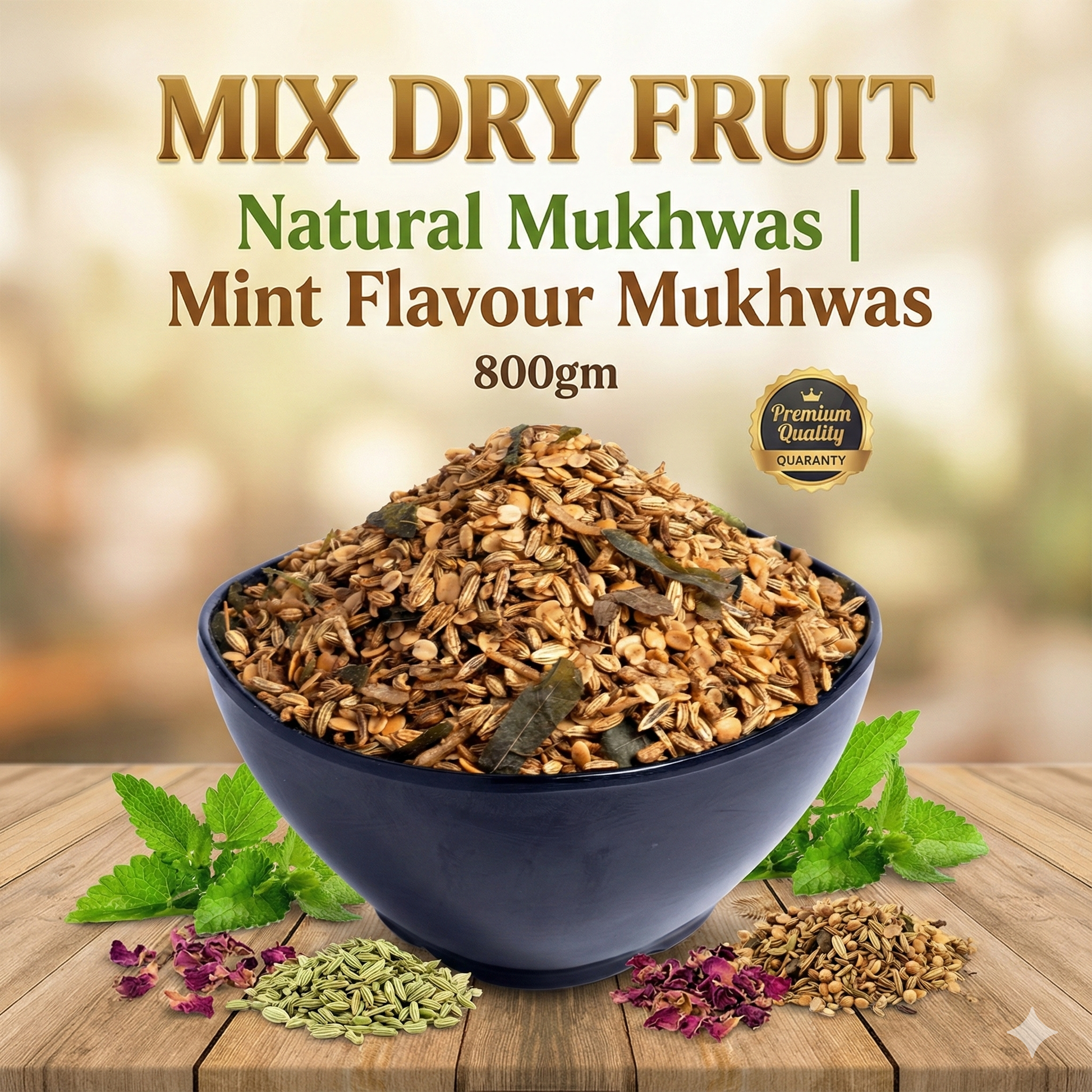 Bowl of mix dry fruit with mint leaves on a wooden surface, labeled as 'Mint Flavour Mukhwas'.